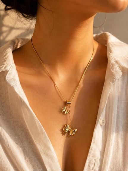 Elegant Double Bow Drop Necklace