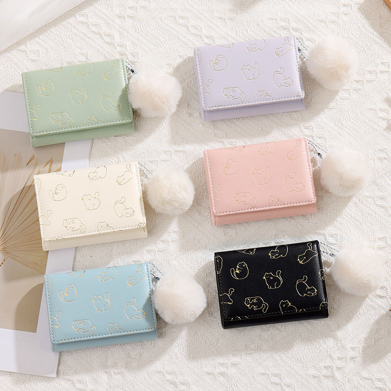 Cat Print with Pom Pom Wallet