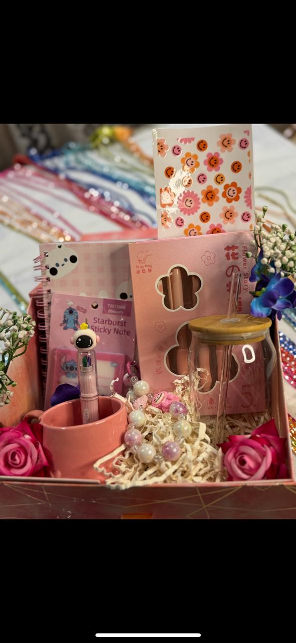 “Cute Pink Hamper in Box – Notebook, Pen, Sticky Notes & Accessories Gift Set for Her”