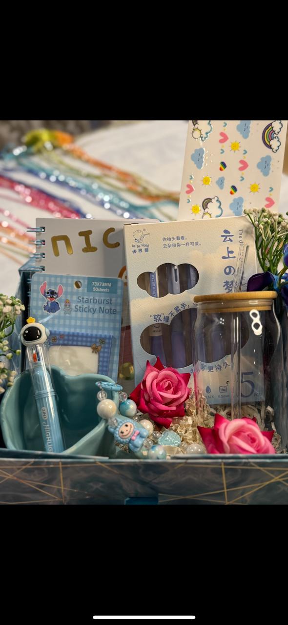 “Sky Blue Hamper in Box – Cute & Aesthetic Stationery Gift Set for Her | Birthday, Friendship, Kawaii Gifts”