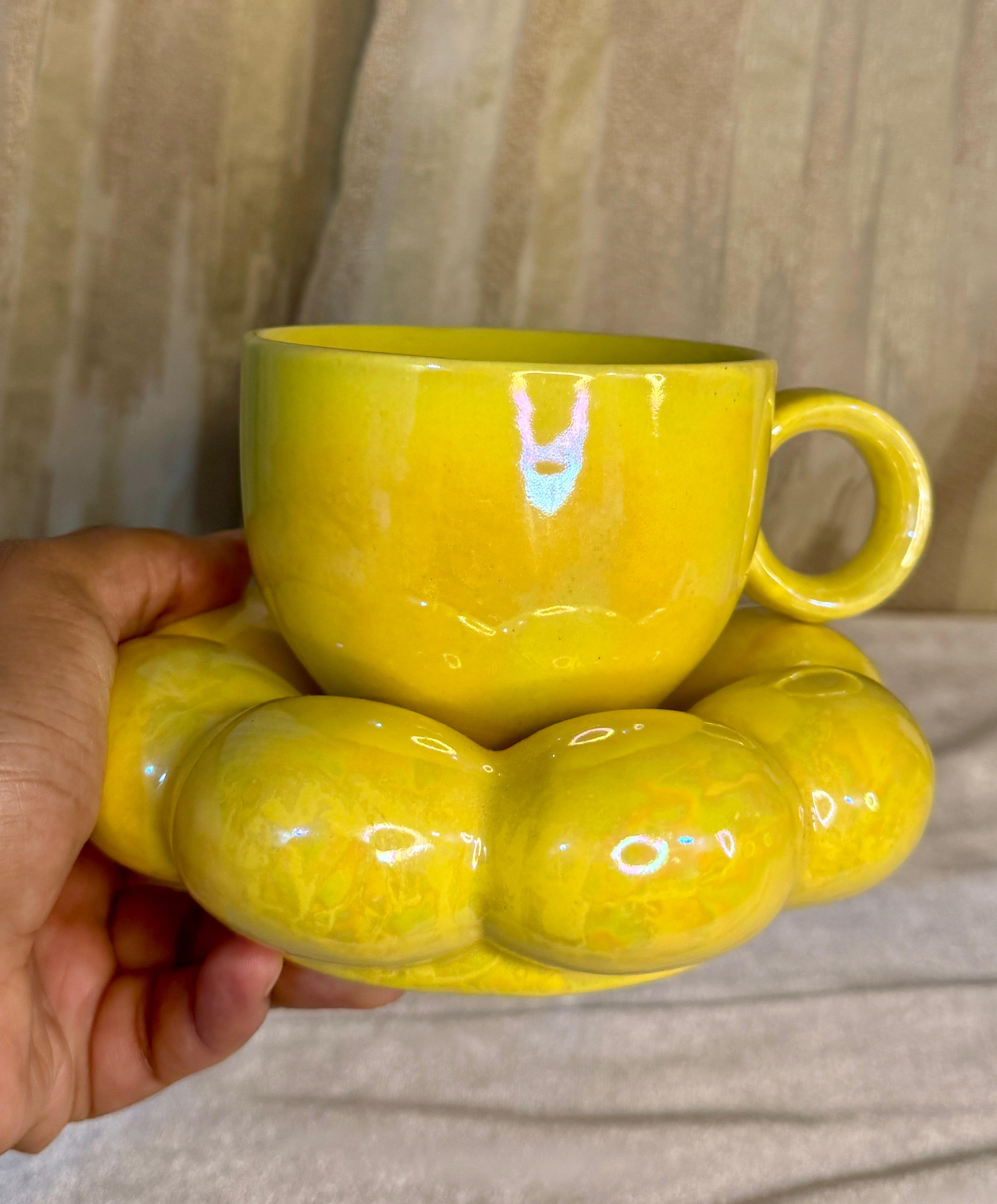 Chrome Glazed Yellow Mug And Plate