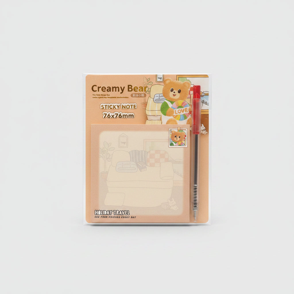 Cute Creamy Bear Sticky Note With Pen