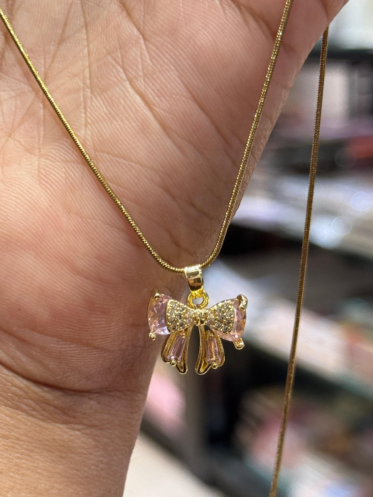 Pink Crystal Bow Necklace