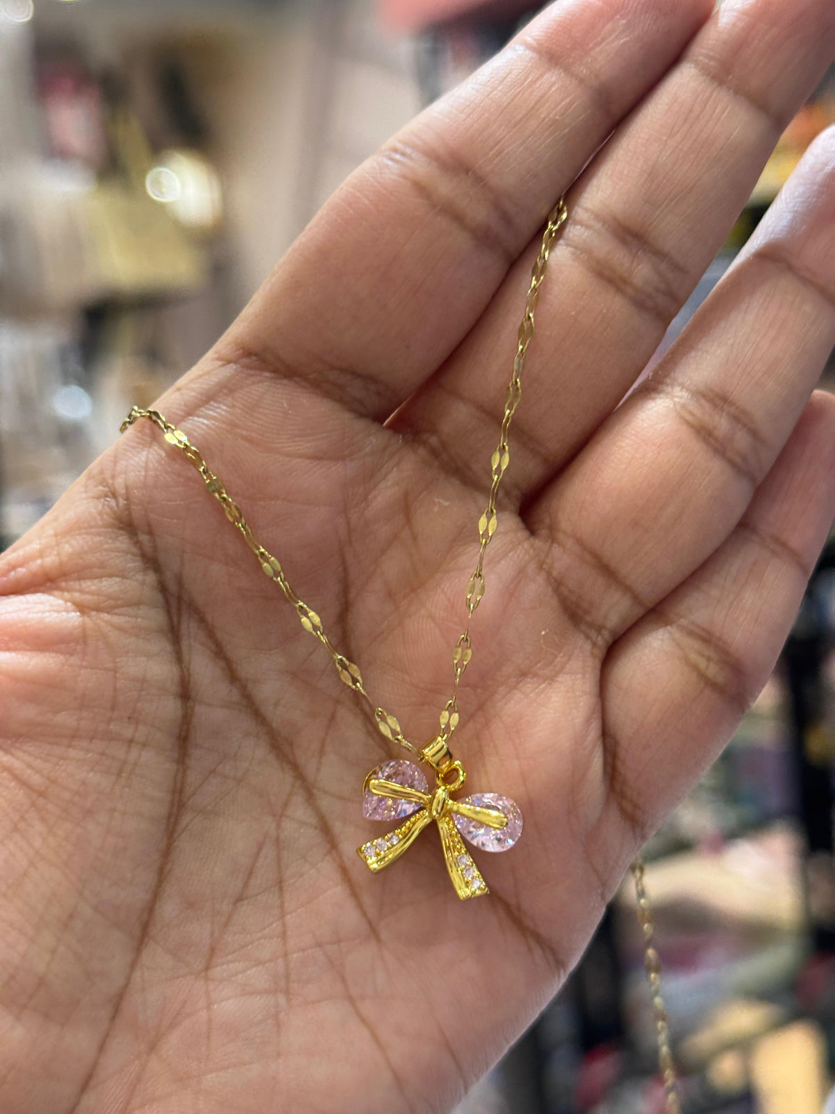 Pink Crystal Bow Necklace