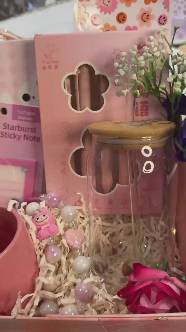 “Cute Pink Hamper in Box – Notebook, Pen, Sticky Notes & Accessories Gift Set for Her”